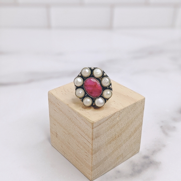 Silver plated natural gemstone & pearl ring